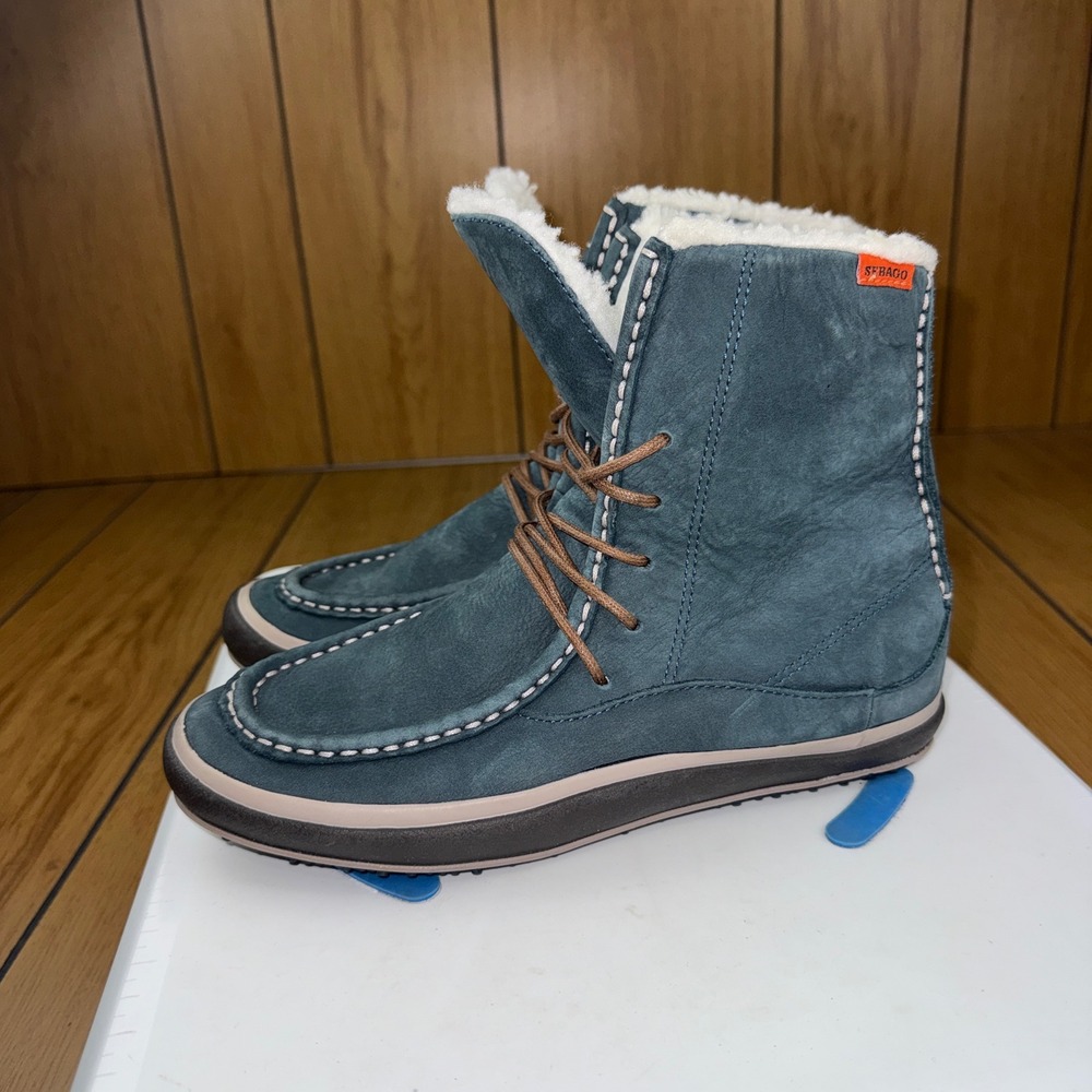 Sebago Snug Lace Blue Suede Shearling Lined Vibram Sole Boots B69202 Womens 6.5M